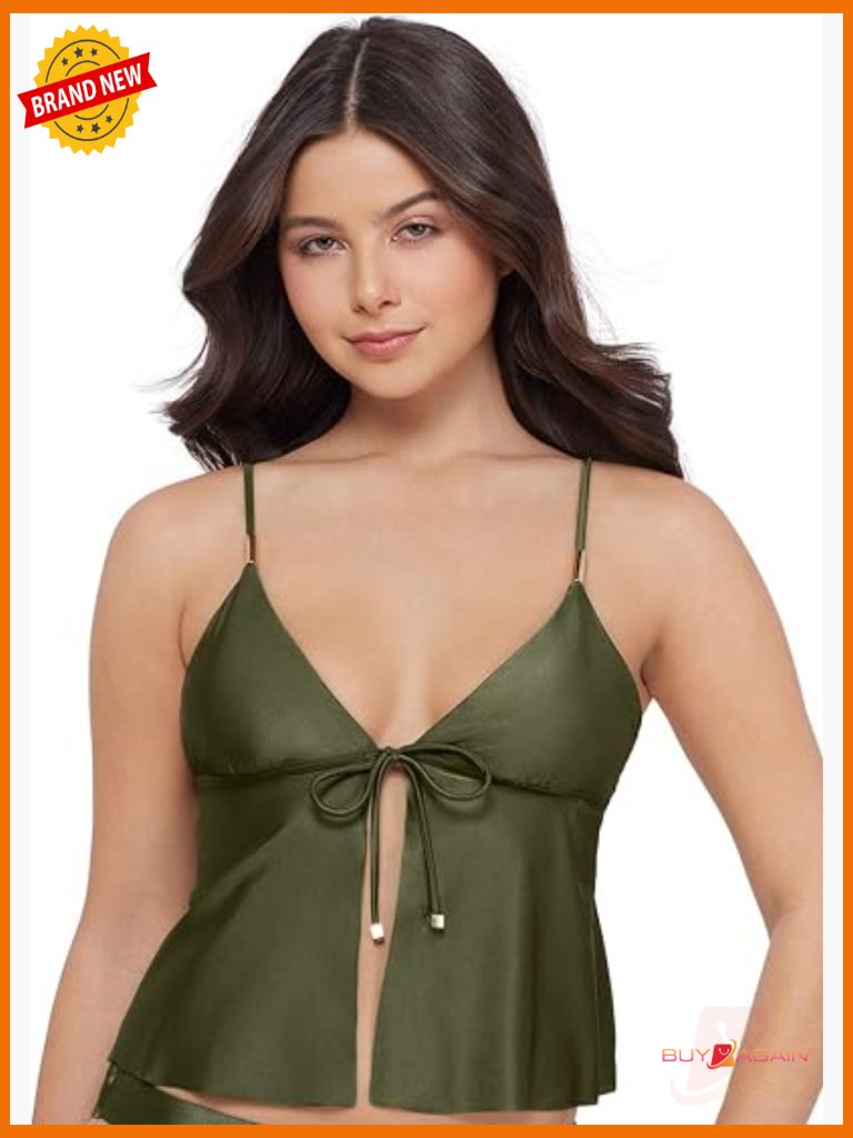 Tie Front Crop Tankini Top Adjustable Straps Removable Cups V-Neck Swim Top